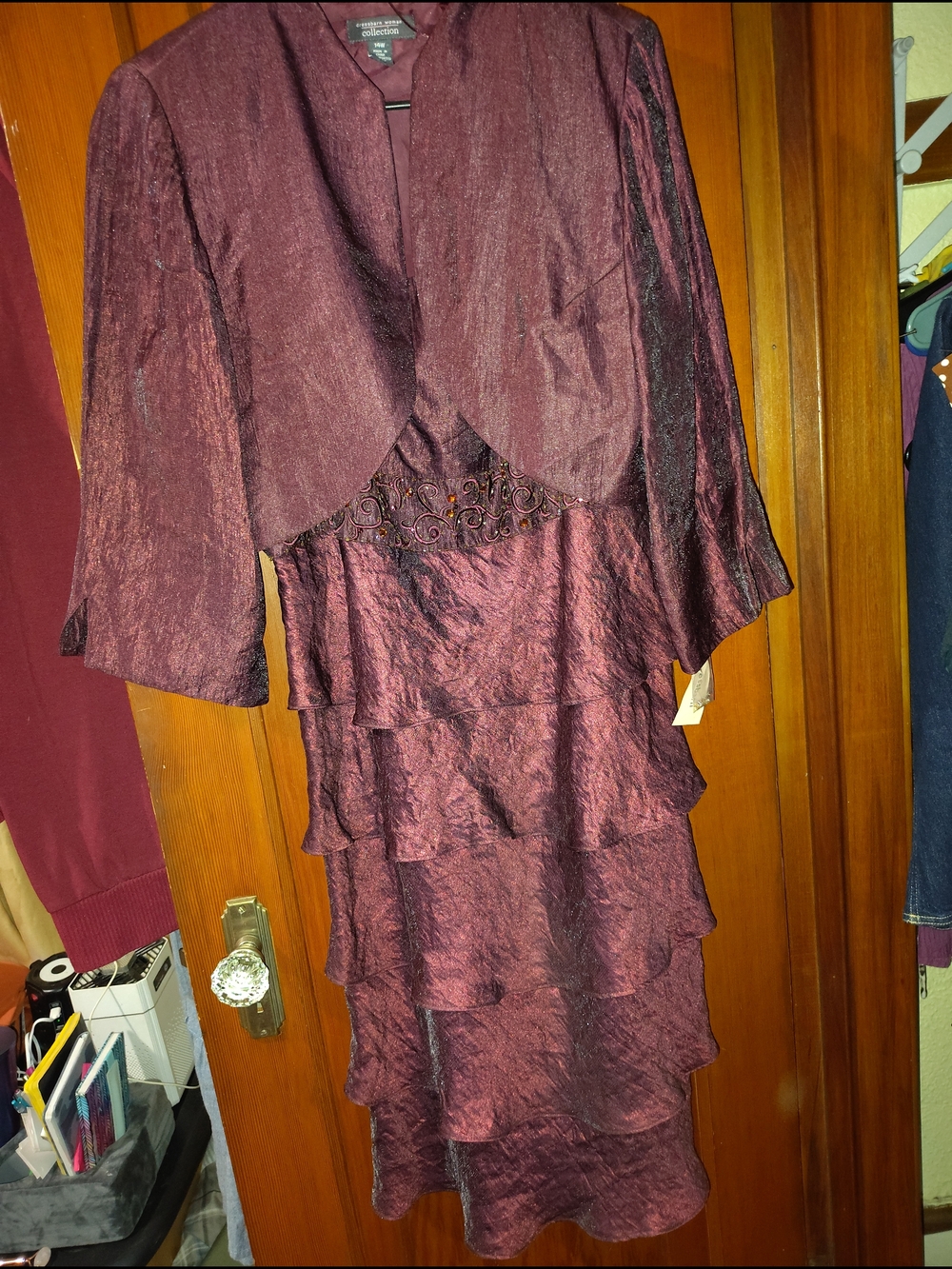 Women's Shimmery Beaded Burgundy Tiered Dress with Cropped Jacket